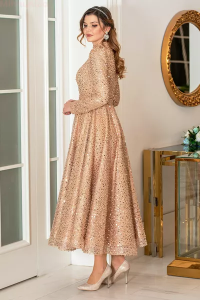 Midi Length Pulpayet Fabric Plus Size Çalıkuşu Evening Dresses - Salmon