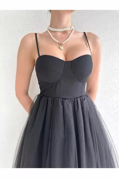 نسخ - نسخ - فستان نسائي رقيق متوسط الطول تول مع أحزمة