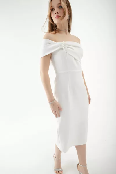 Robe de soirée midi blanche à double bandage à une épaule pour femmes