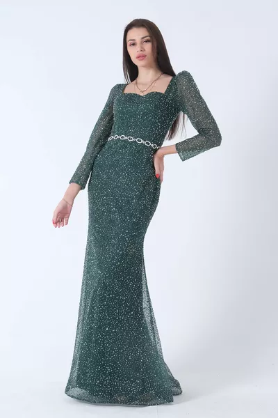 Steinbesticktes Fisch-Abendkleid Smaragd 