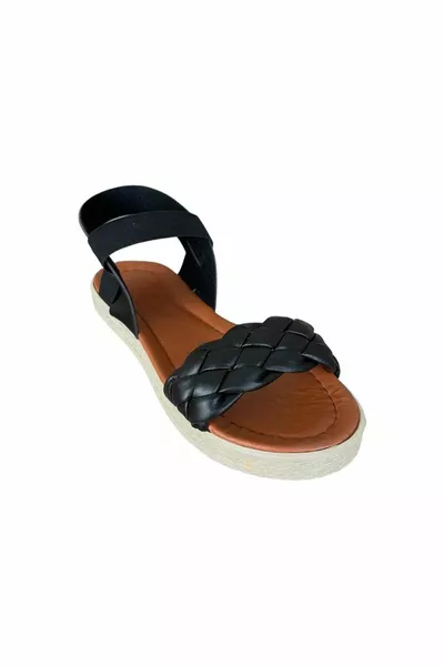 Elasticated Braided Women's Casual Sandals BLACK