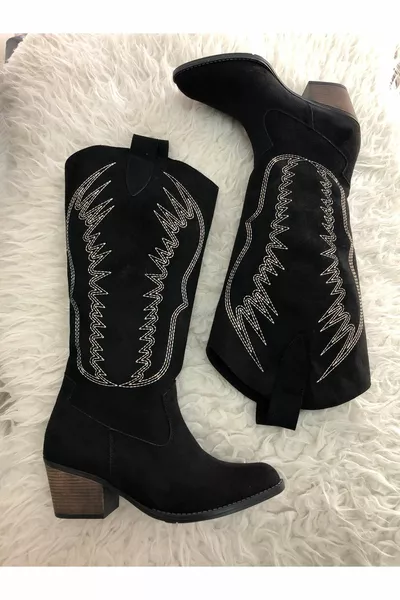 جين سويدي أسود مطرز بكعب 5 سم أحذية رعاة البقر