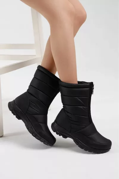 Women's Black Front Zipper Casual Fit Waterproof Snow Boots