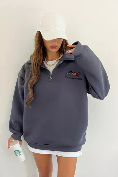 Унисекс антрацитна поло яка оверсайз 3 конци бродиран суитшърт