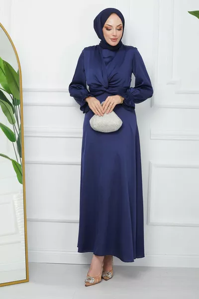 Темно-синий рукав сосок спереди детализированный атлас вечернее платье