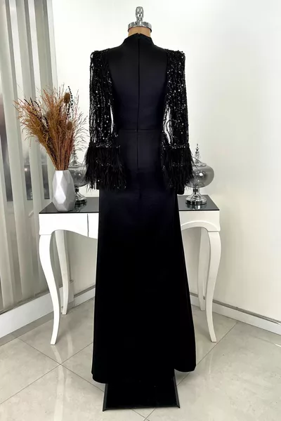 Robes de soirée en satin de mer en molleton de tulle perlé - Noir