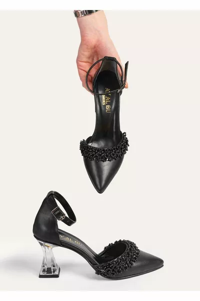 المرأة الجلد الأسود حبة اللؤلؤ مفصلة مساء اللباس الأحذية