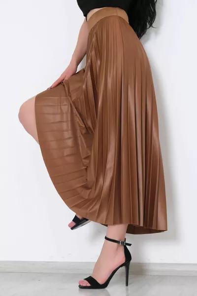 Damen Braun Hohe Taille Lederlook Midilänge Elastische Taille Langer ausgestellter Plisseerock Hijab