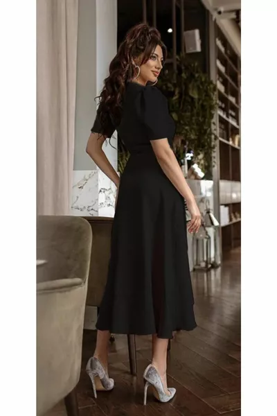 Zwarte dubbele rij knopen met dubbele rij knopen en volant taille stropdas met korte mouwen voor dames Midi-avondjurk met korte mouwen