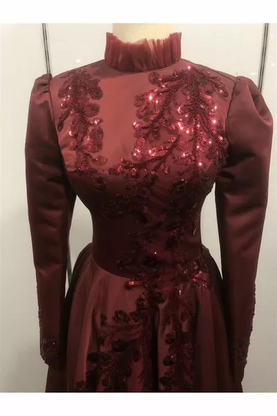 Burgunderfarbene Sterne Damen Langarm Paillettenmuster besticktes Miditesset Abendkleid  