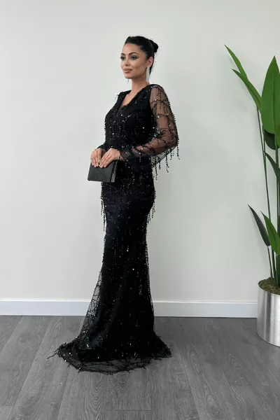 Платье с пайетками и бахромой - Черный
