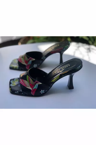 Дамски чехли на висок ток с флорални и птичи щампи