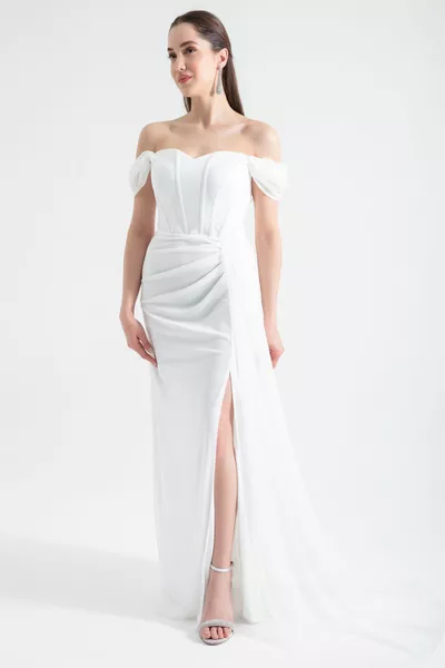 المرأة الأبيض باليون مشد مفصلة بريق طويل مساء اللباس