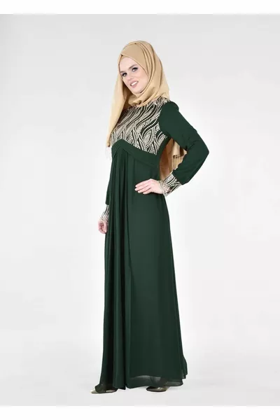 Dames Groene (EMERALD) T Fy Collection-geborduurde gedetailleerde Hijab avondjurk