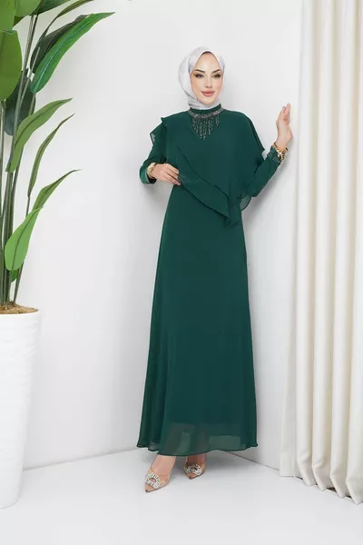 الحجر ودولاب الموازنة مفصلة الشيفون الحجاب مساء اللباس الأخضر 