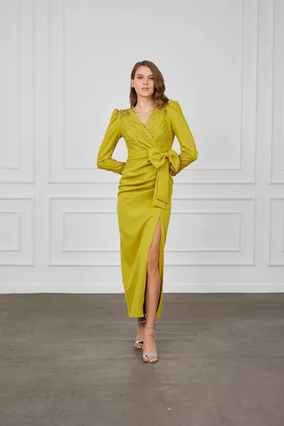 OLIO VERDE Stone accessorio fiocco dettagliato fessura abito da sera 