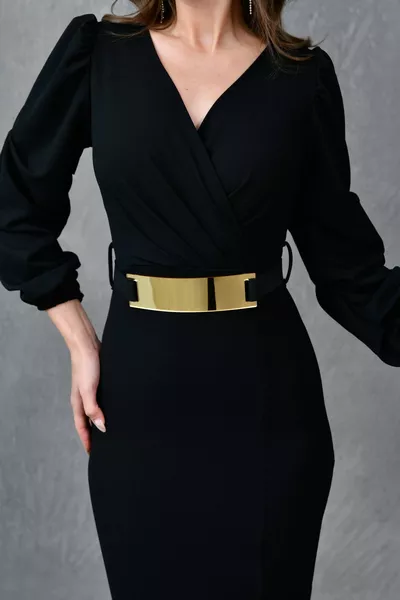 Cintura da donna in tessuto crêpe fessura manica corta lunghezza midi abito da sera doppiopetto nero 