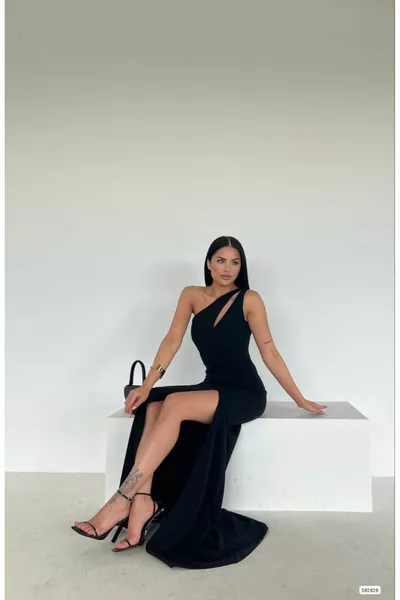 Asymmetrisches Kragendesign Schlitz Maxi Junge Crêpe Stoff Abendkleid Hochzeit Verlobung Versprechen Verlobung