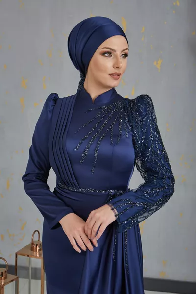 Вечерна рокля с ръкав от мъниста Efila Hijab Тъмносиня