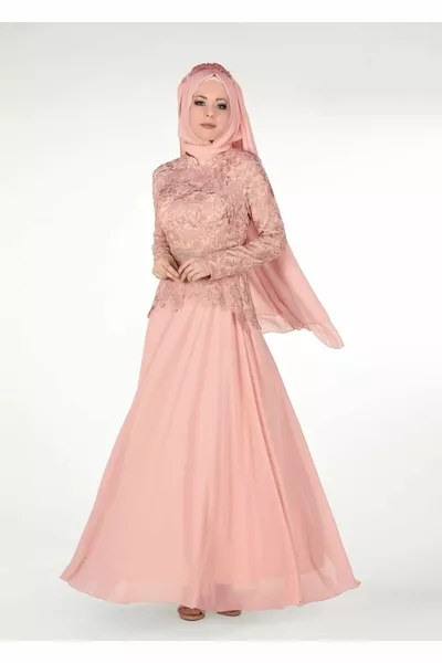 Abito da sera da donna in Guipure con colletto dominante in polvere (salmone) 