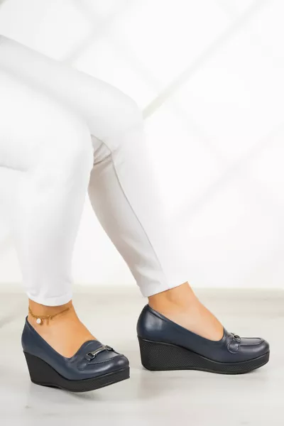 Maika Navy Blue Genuine Leather Padded Heels Casual Shoes
