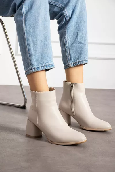 Beige Matte Reißverschluss Detaillierte bequeme Damenstiefel mit Absatz