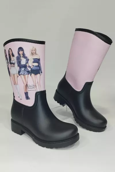 أسود وردي مطبوع مقاوم للماء بنات أحذية المطر