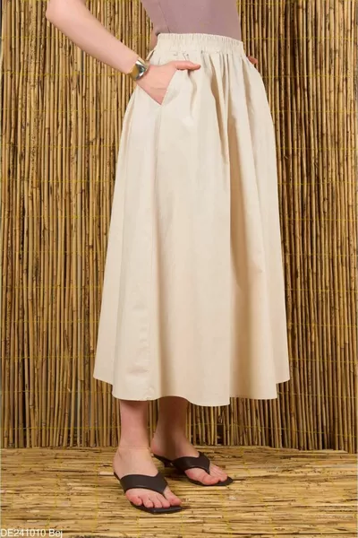 Women's Beige Double Pocket Poplin Skirt