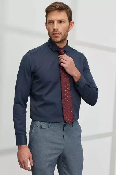 Camicia Dobby Uomo Blu Navy Slim Fit Slim Fit Collo Italiano