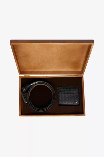 Men's Black Custom Wooden Gift Box Belt - Card Holder Accessory Set Groom's Bundle