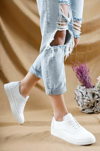 جلد طبيعي أبيض نسائي جلدي حذاء رياضي 