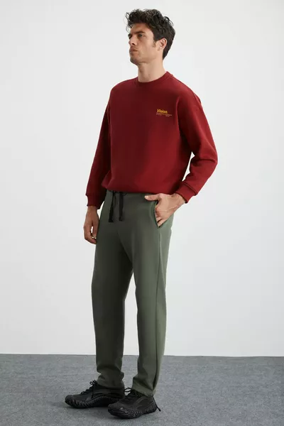 Internal Erkek Yumuşacık Içi Şardonlu Rahat Lastikli Paçalı Comfort Şardonlu Haki Eşofman Altı