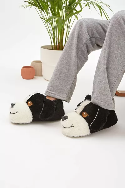 Mdes Noir Animal Mute Semelle Panduf Mignon Chien Figure Peluche Maison Chaussures