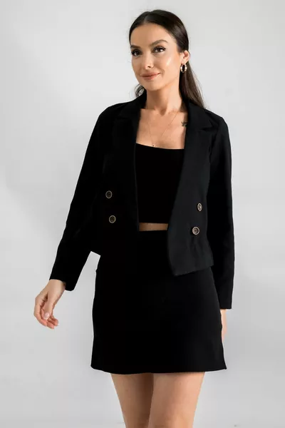 Kadın Siyah Kruvaze Yaka Gabardin Crop Ceket 