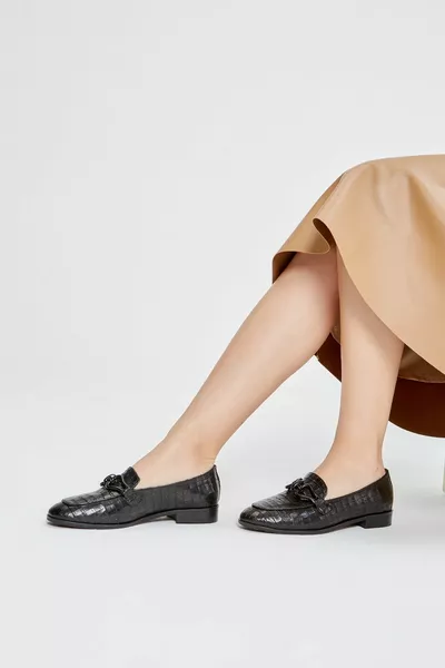 Veronique Women's Black Croco Genuine Leather Loafer Shoes