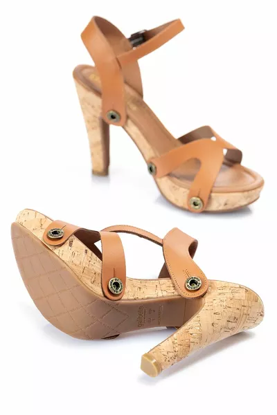 Women's stiletto heeled sandals cork sole brown pink red (INTERCHANGEABLE TOP STRAP)