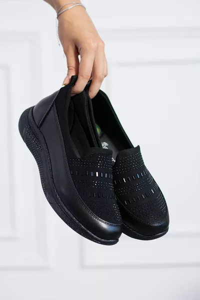 Women's Black Poly Sole Square Stone Comfortable Orthopedic Sneakers