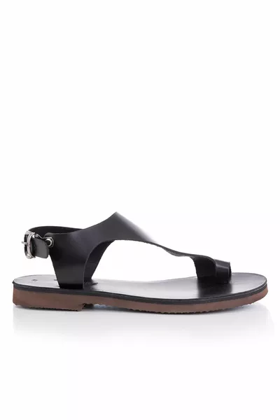 صندل نسائي جلد طبيعي أسود مصنوع يدويا - 