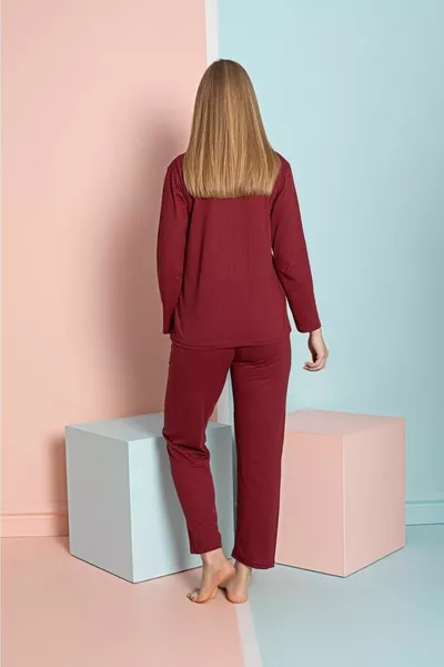 Ercan قميص طويل الأكمام بيجامة مجموعة بورجوندي غامق