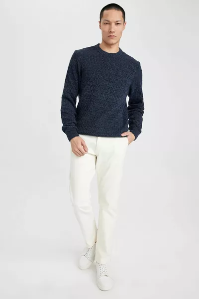 Marineblau Standard Passform Normaler Schnitt Rundhalsausschnitt Strukturierter Basic Geradstrickpullover au