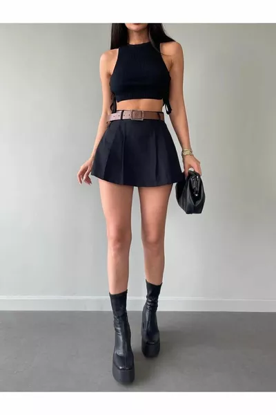 المرأة مطوي حزام تنورة قصيرة السراويل