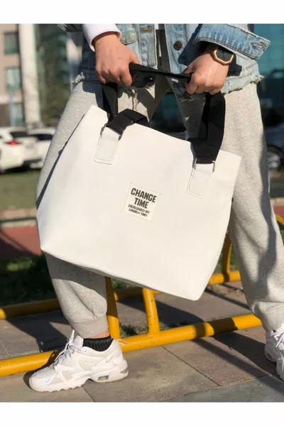 Women's White Shopper Shoulder Bag