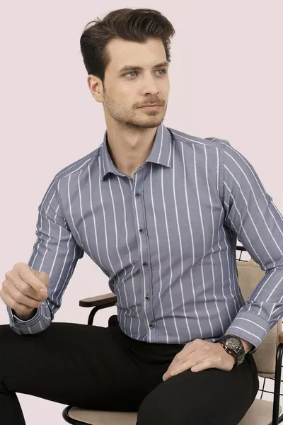 Chemise Slimfit Slimfit Gris Rayures Blanches Boîte Cadeau Pour Homme