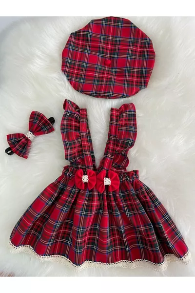 Bambina Pizzo Rosso Plaid Dress Bandana Cappello Set