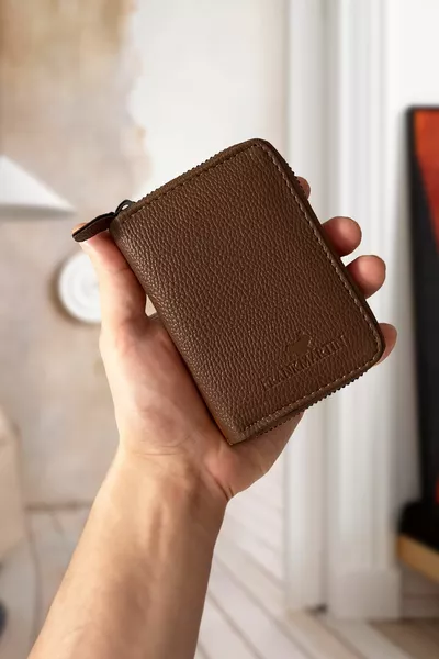 Original Zippered Money Compartment Gift Box Leather Stylish Coffee Card Holder Wallet