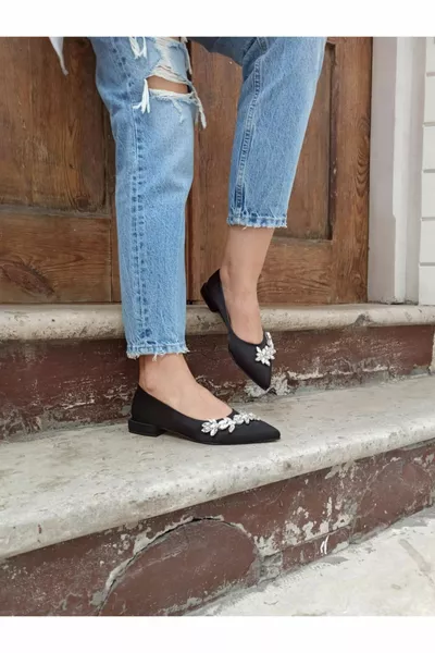 Satin noir feuille pierre 2 cm talons Ballerines femme