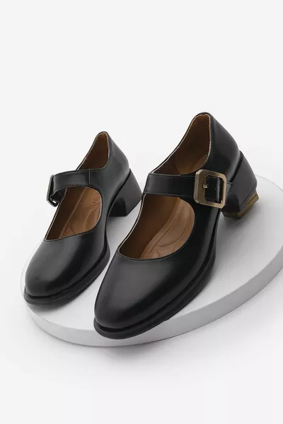 Women's Buckle Thick Heel Casual Shoes Loafer Your Black
