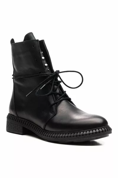  Zwarte echt lederen rubberen veterlaarzen voor dames met veters en unisex winterlaarzen