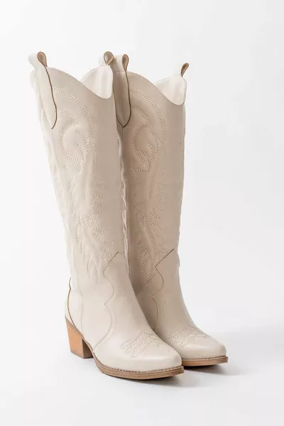 المرأة البيج الجلود المطرزة رعاة البقر أحذية طويلة