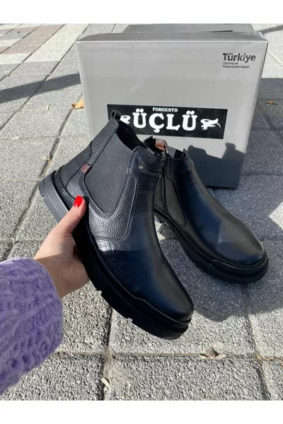 Triple  Men's Black Genuine Leather Casual Fur Thick Rubber Non-Slip Sole Daddy Winter Postal Boots